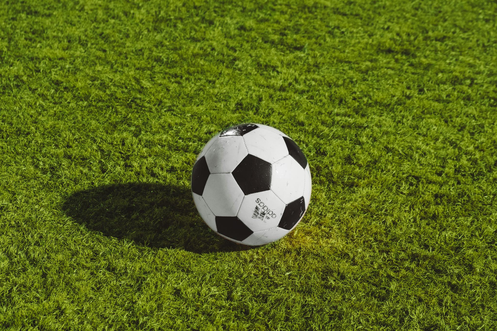 Weiß/schwarzer Fußball auf Rasenplatz